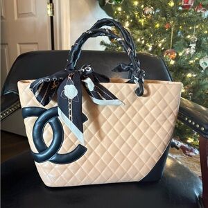 CHANEL Beige and Black Quilted Lambskin Tote with Signature CC